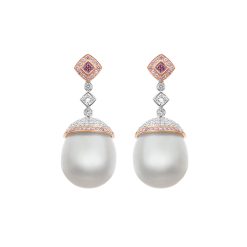 Pink and White Diamond South Sea Pearl Drop Earrings