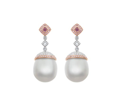 Pink and White Diamond South Sea Pearl Drop Earrings