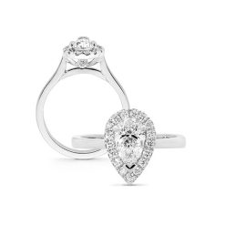 An example of our bespoke engagment rings, this one featuring a pear shaped diamond, a float set halo of round brilliant diamonds on a white metal band. The image displays a front on and profile view of the ring.