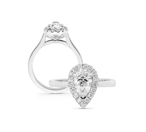 An example of our bespoke engagment rings, this one featuring a pear shaped diamond, a float set halo of round brilliant diamonds on a white metal band. The image displays a front on and profile view of the ring.