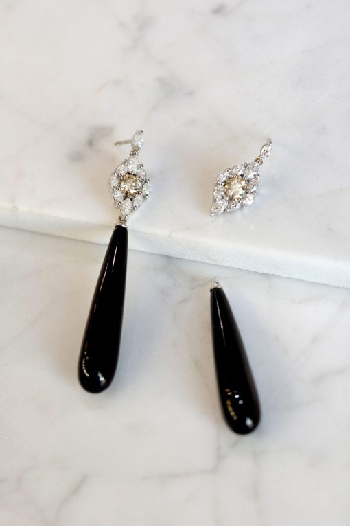 Argyle Champagne & Marquise Diamond Onyx Drop Earrings - Image 2