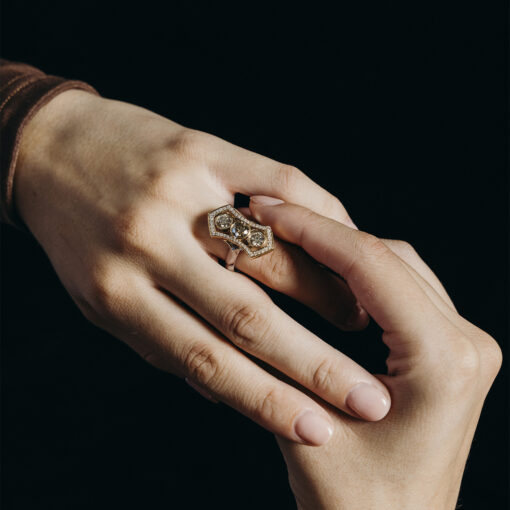 Art Deco Argyle Champagne Diamond Halo Ring