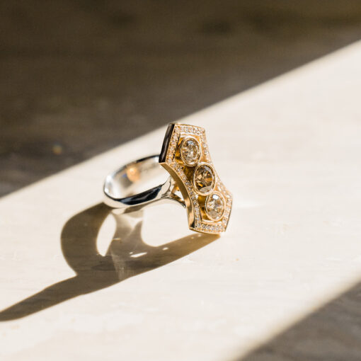 Art Deco Argyle Champagne Diamond Halo Ring - Image 3