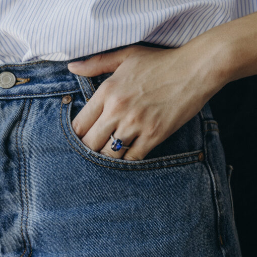Platinum Cushion Cut Blue Sapphire and Diamond Engagement Ring - Image 2