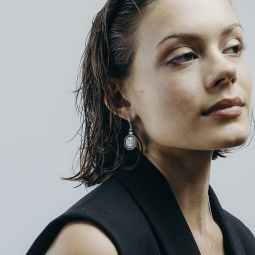 Diamond and Baguette Cut Sapphire Drop Earrings - Image 3