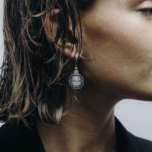 Diamond and Baguette Cut Sapphire Drop Earrings - Image 2
