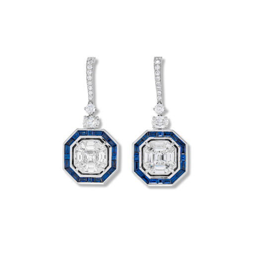 Diamond and Baguette Cut Sapphire Drop Earrings - Image 4