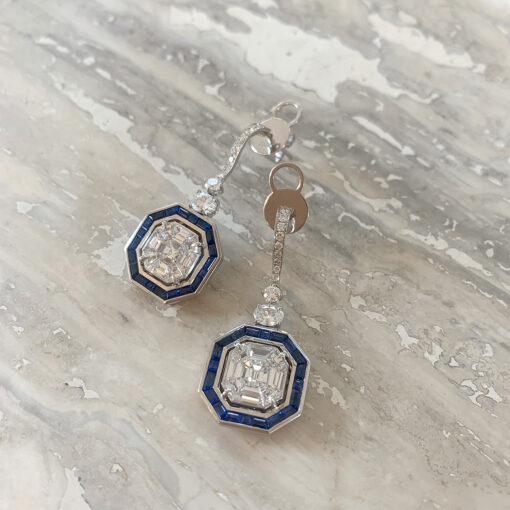 Diamond and Baguette Cut Sapphire Drop Earrings