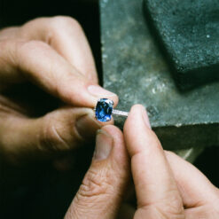 Platinum Cushion Cut Blue Sapphire and Diamond Engagement Ring
