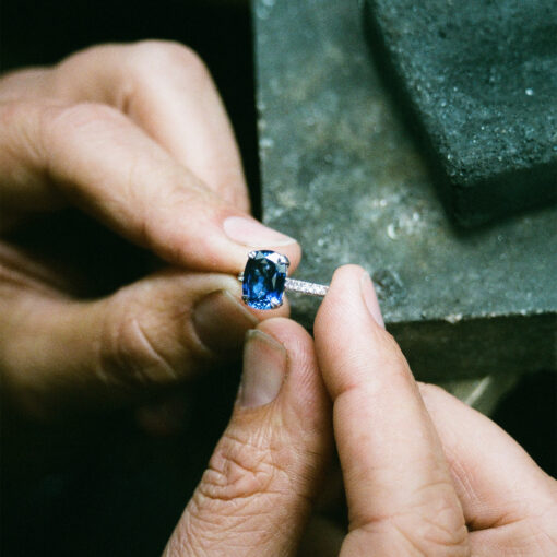 Platinum Cushion Cut Blue Sapphire and Diamond Engagement Ring
