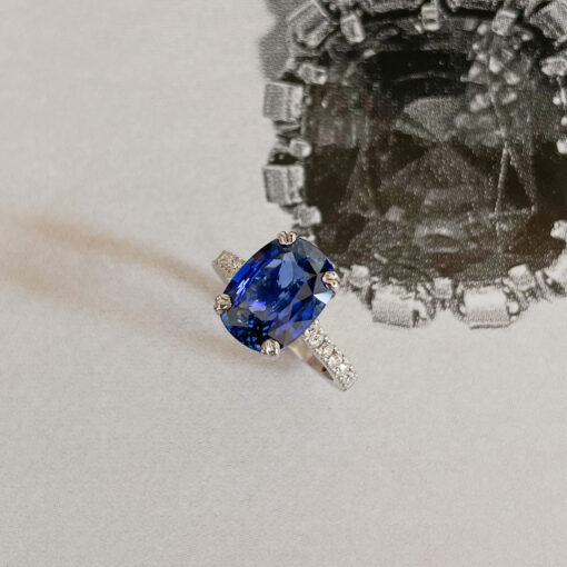 Platinum Cushion Cut Blue Sapphire and Diamond Engagement Ring - Image 5