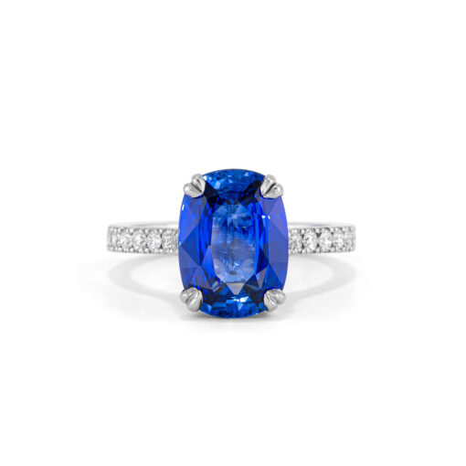 Platinum Cushion Cut Blue Sapphire and Diamond Engagement Ring - Image 3